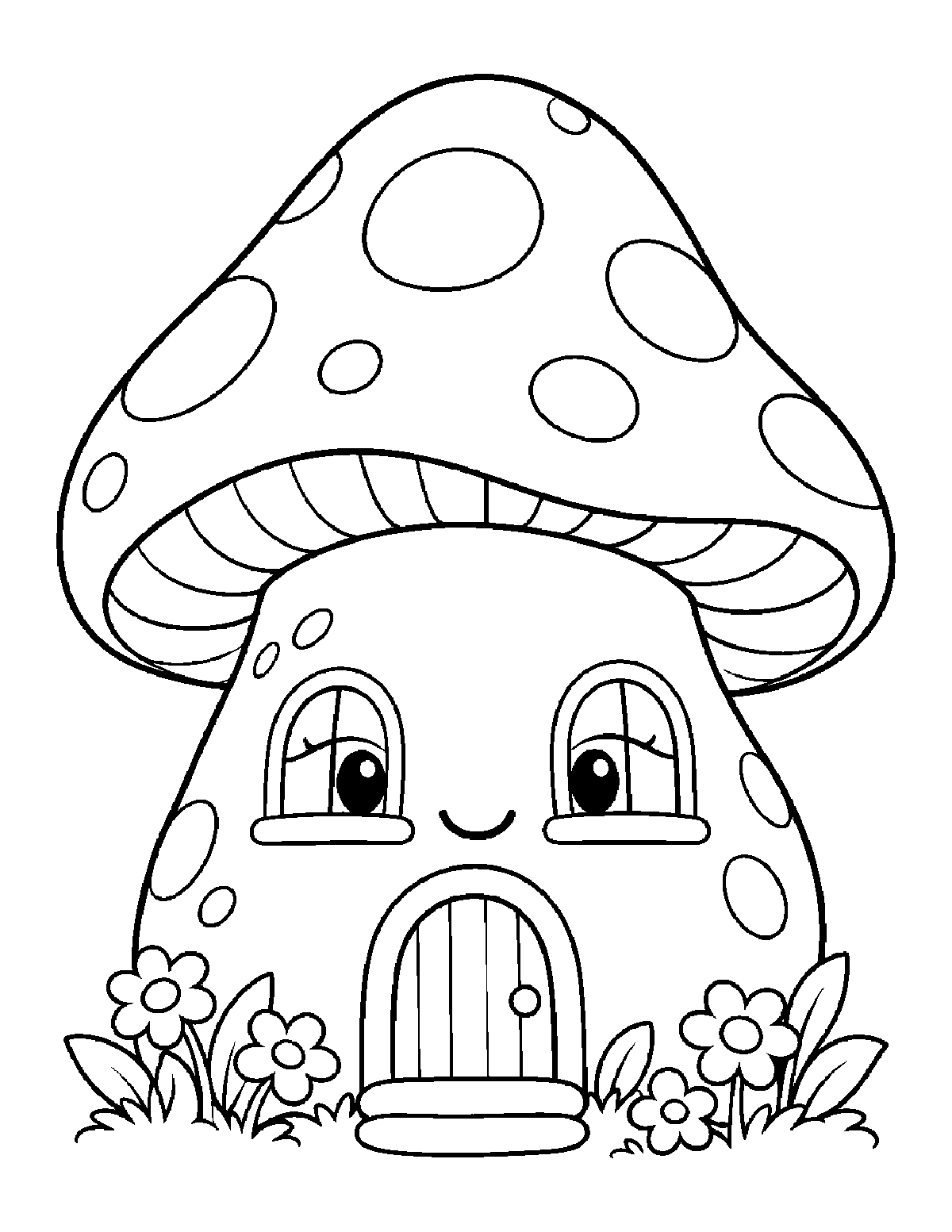 Coloring page of a smiling mushroom house with a round door, arched windows, spots, flowers, and leaves