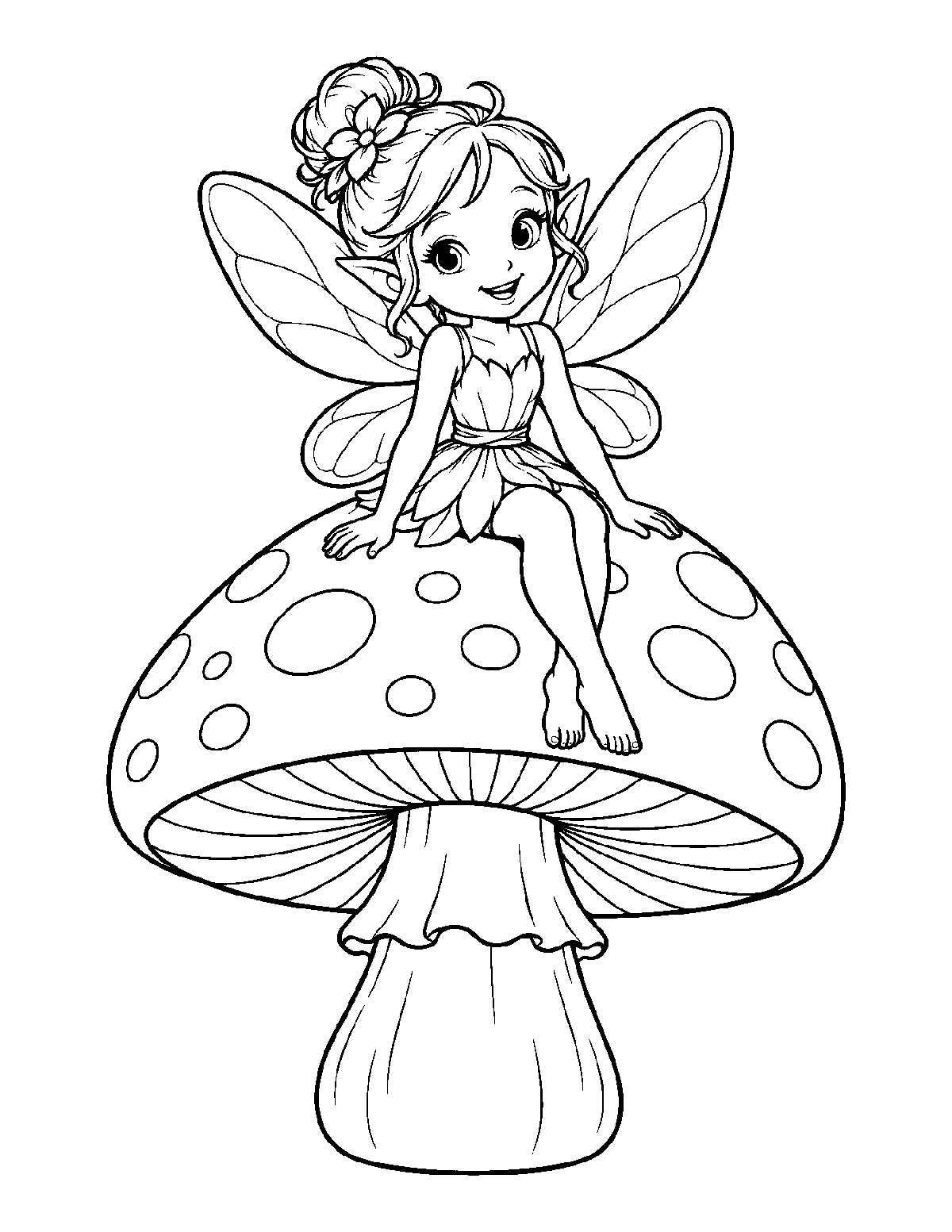 Coloring page of a tiny winged fairy sitting on a giant spotted mushroom