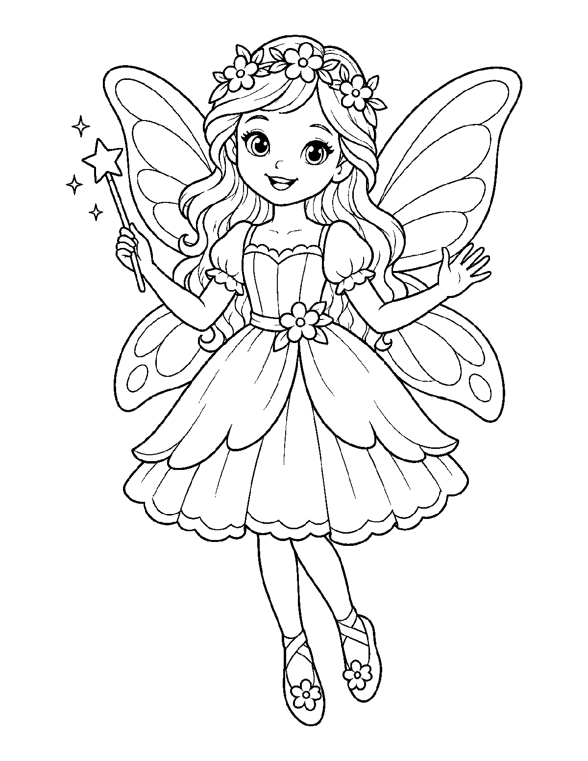 Coloring page of a smiling fairy princess with butterfly wings, a flower crown, and a star wand