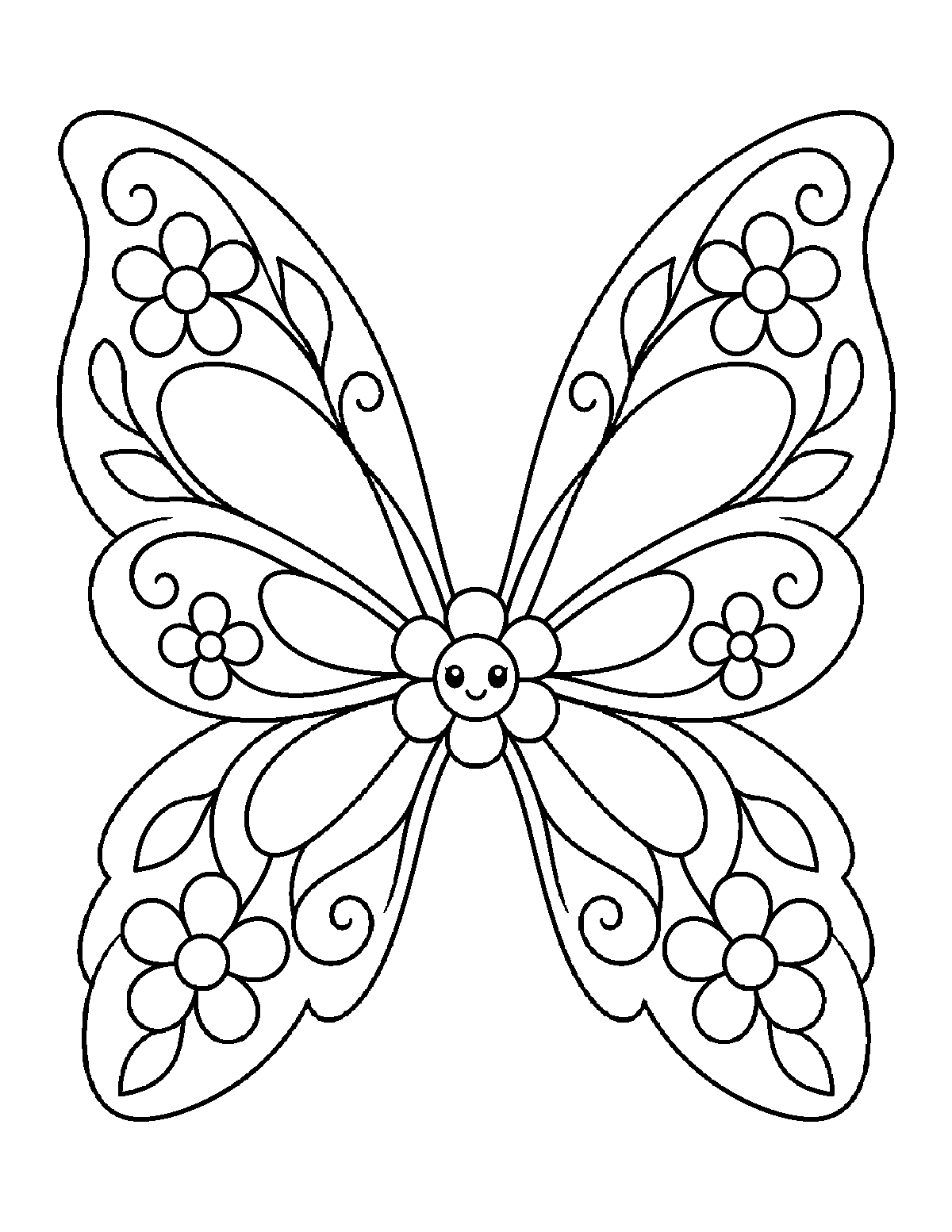 Coloring page of four symmetrical fairy wings decorated with flowers, leaves, curls, and a smiling center flower