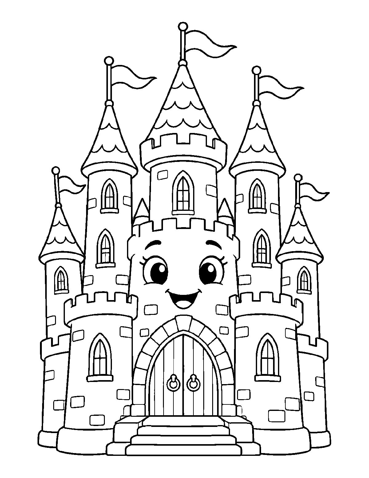 Coloring page of a smiling fairytale castle with five tall towers, arched windows, and waving flags