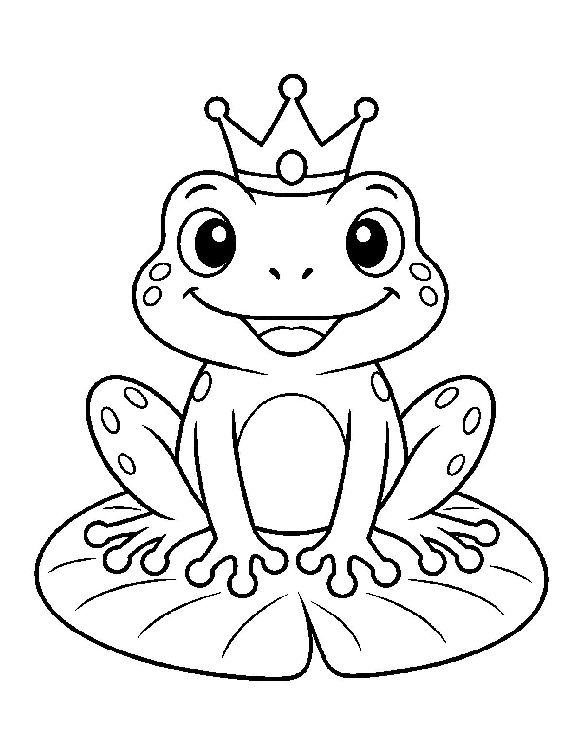 Coloring page of a smiling spotted frog wearing a crown and sitting on a large lily pad