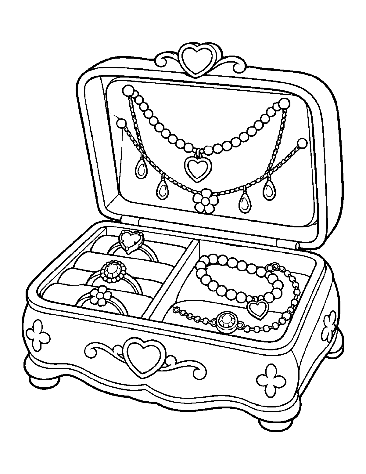 Coloring page of an open ornate jewelry box filled with necklaces, rings, bracelets, hearts, flowers, and gems