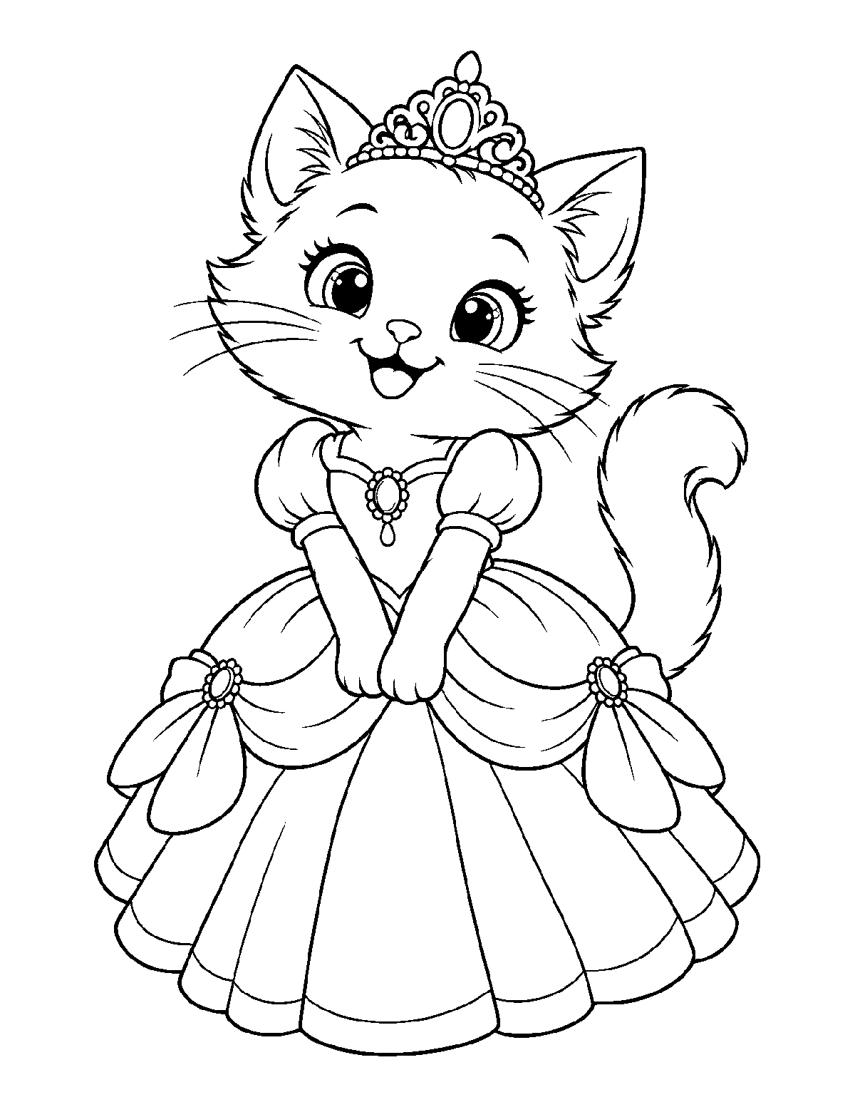 Coloring page of a smiling kitten princess wearing a jeweled tiara and an ornate ball gown