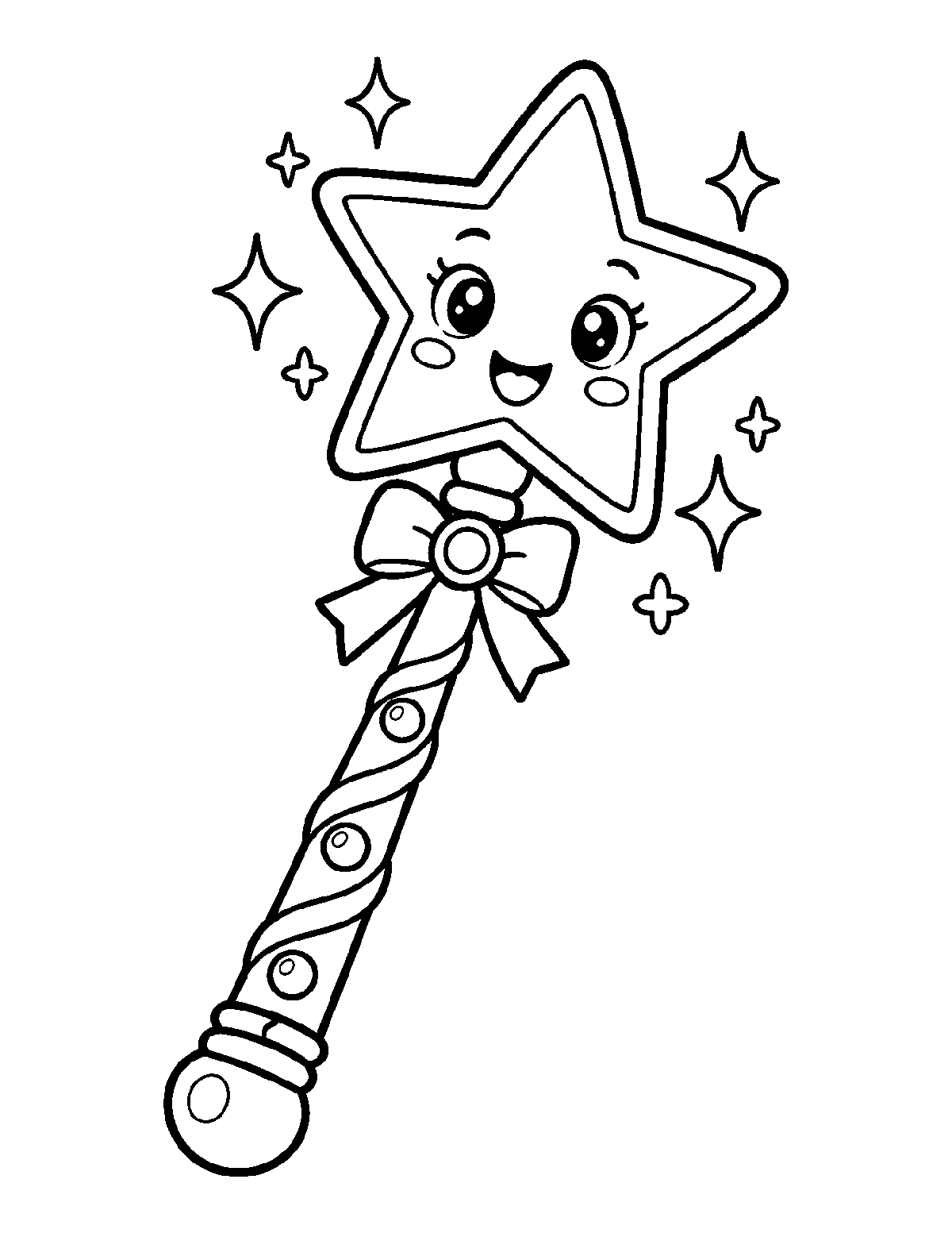 Coloring page of a smiling star-tipped magic wand with a bow, spiral handle, and eight sparkles