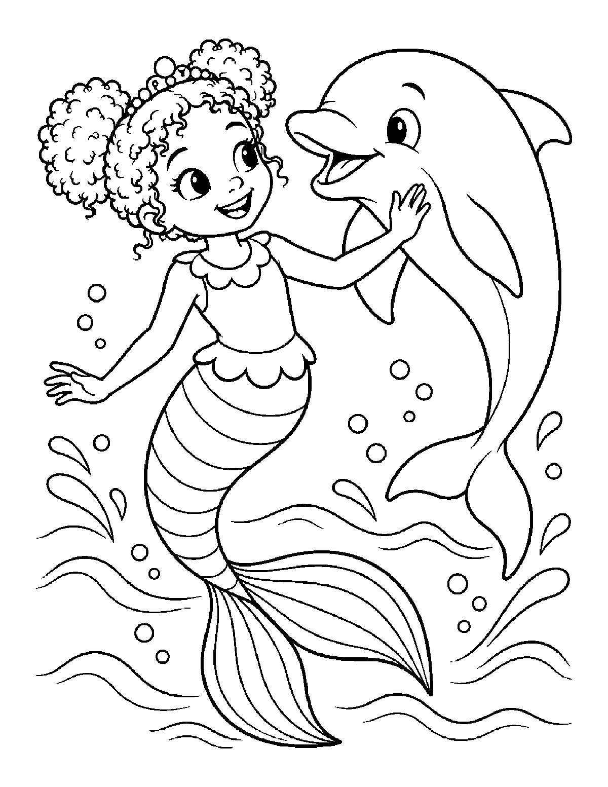 Coloring page of a curly-haired mermaid greeting a smiling dolphin among waves and bubbles