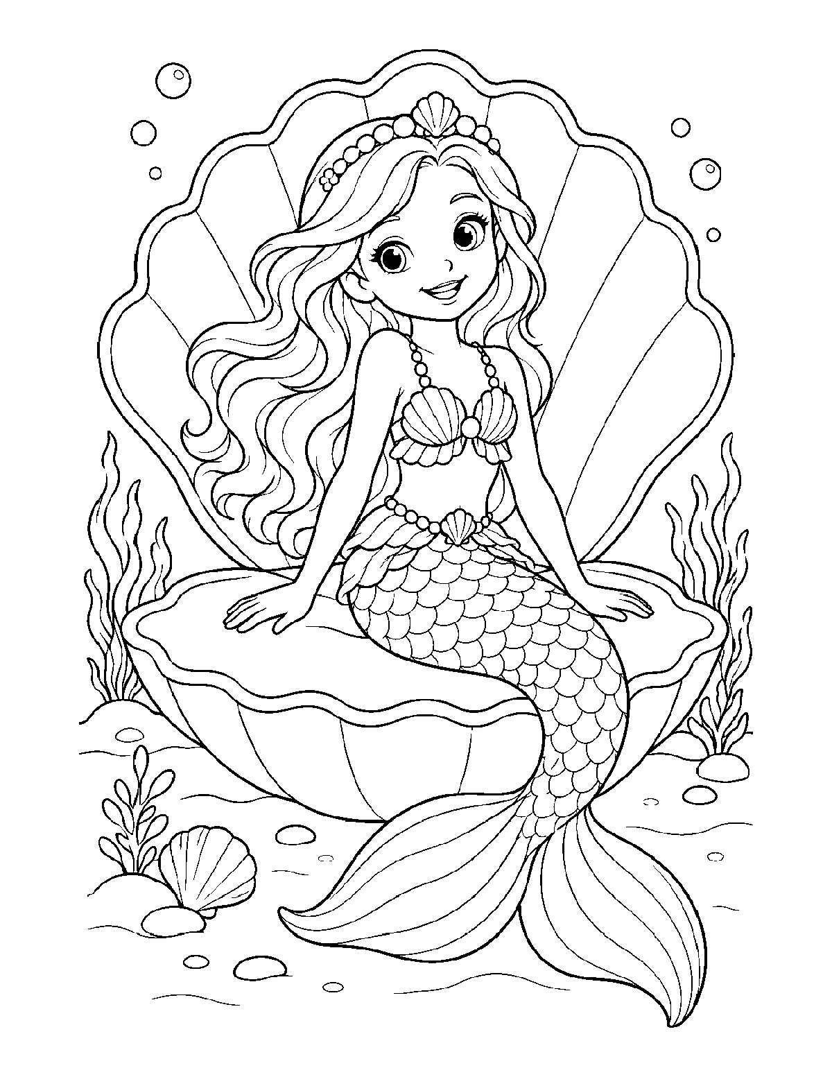 Coloring page of a young mermaid sitting inside a giant open seashell on the ocean floor