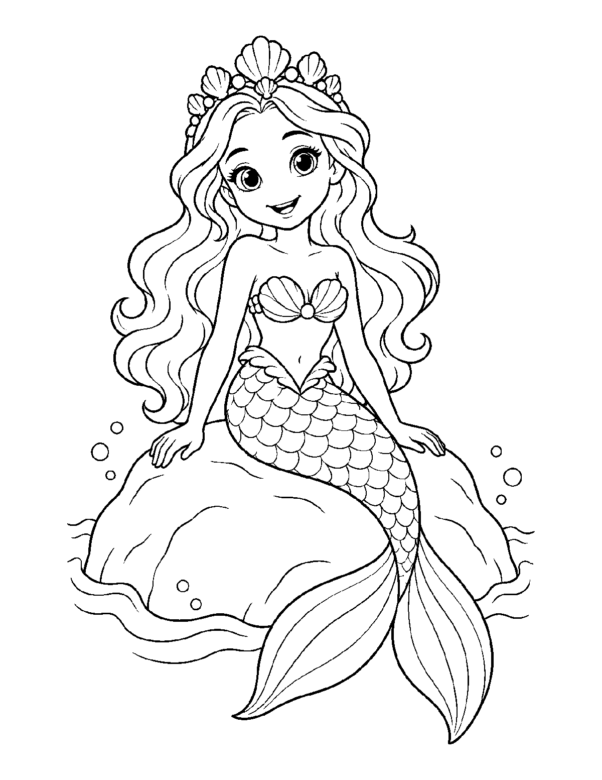 Coloring page of a smiling mermaid princess with a seashell crown sitting on a rock
