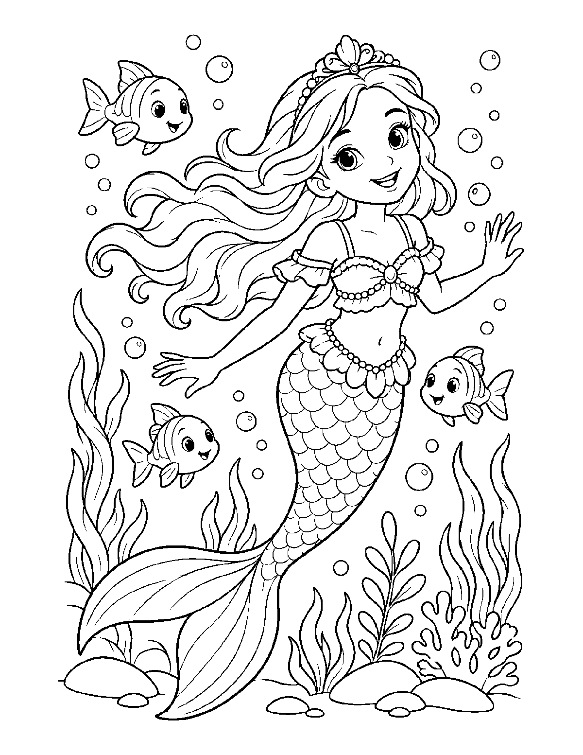 Coloring page of a mermaid swimming with three fish, bubbles, seaweed, rocks, and coral