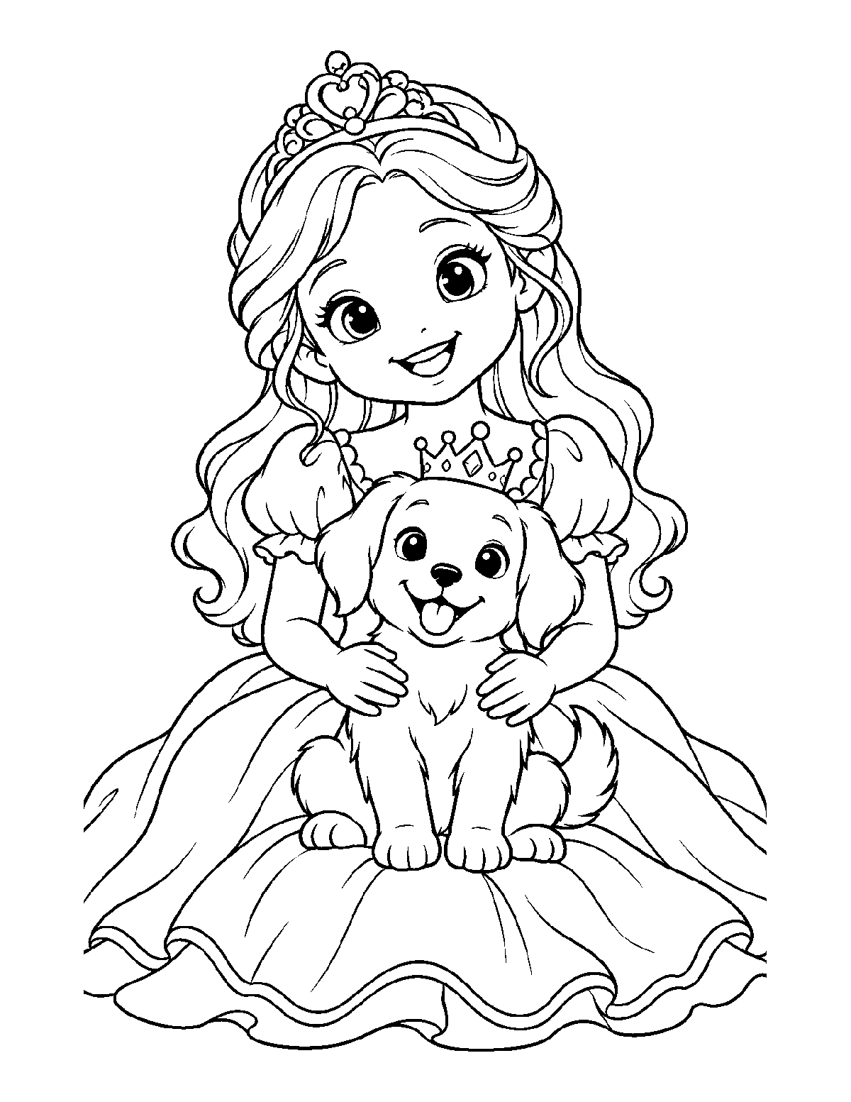 Coloring page of a smiling princess hugging a happy puppy wearing a tiny crown