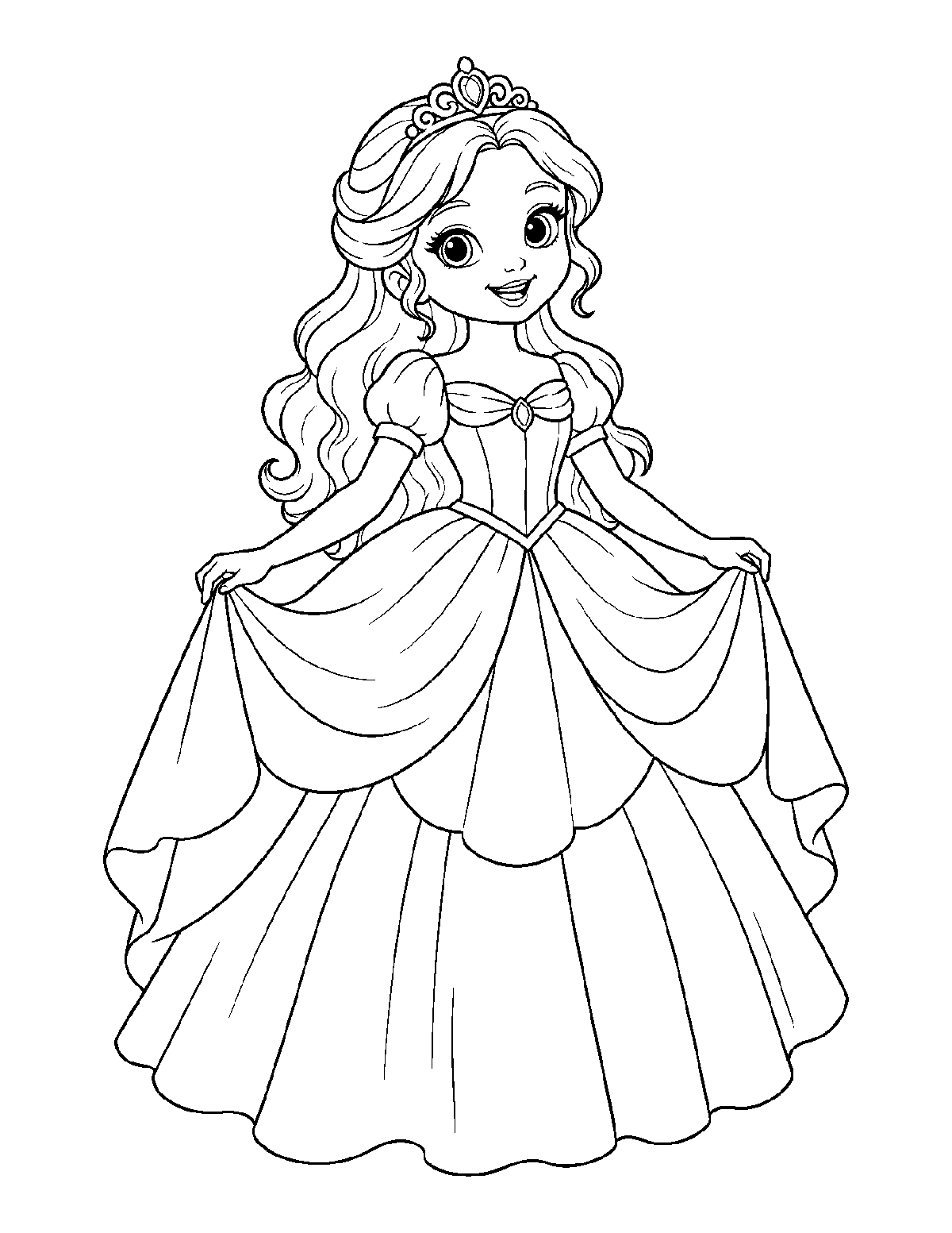 Coloring page of a smiling princess holding the sides of her large layered ball gown
