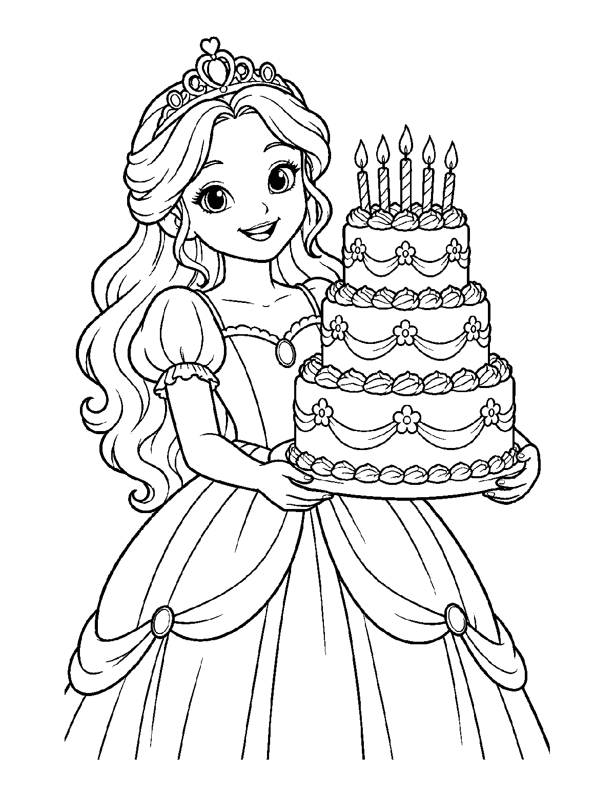 Coloring page of a princess holding a decorated three-tier birthday cake with five candles