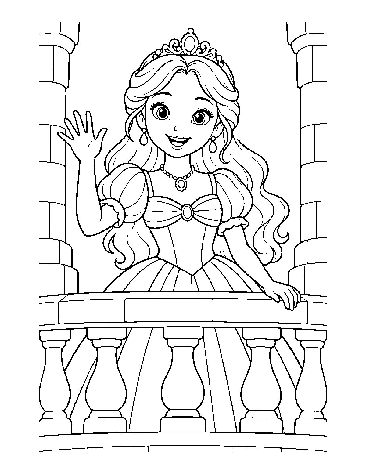 Coloring page of a smiling princess waving from a stone castle balcony