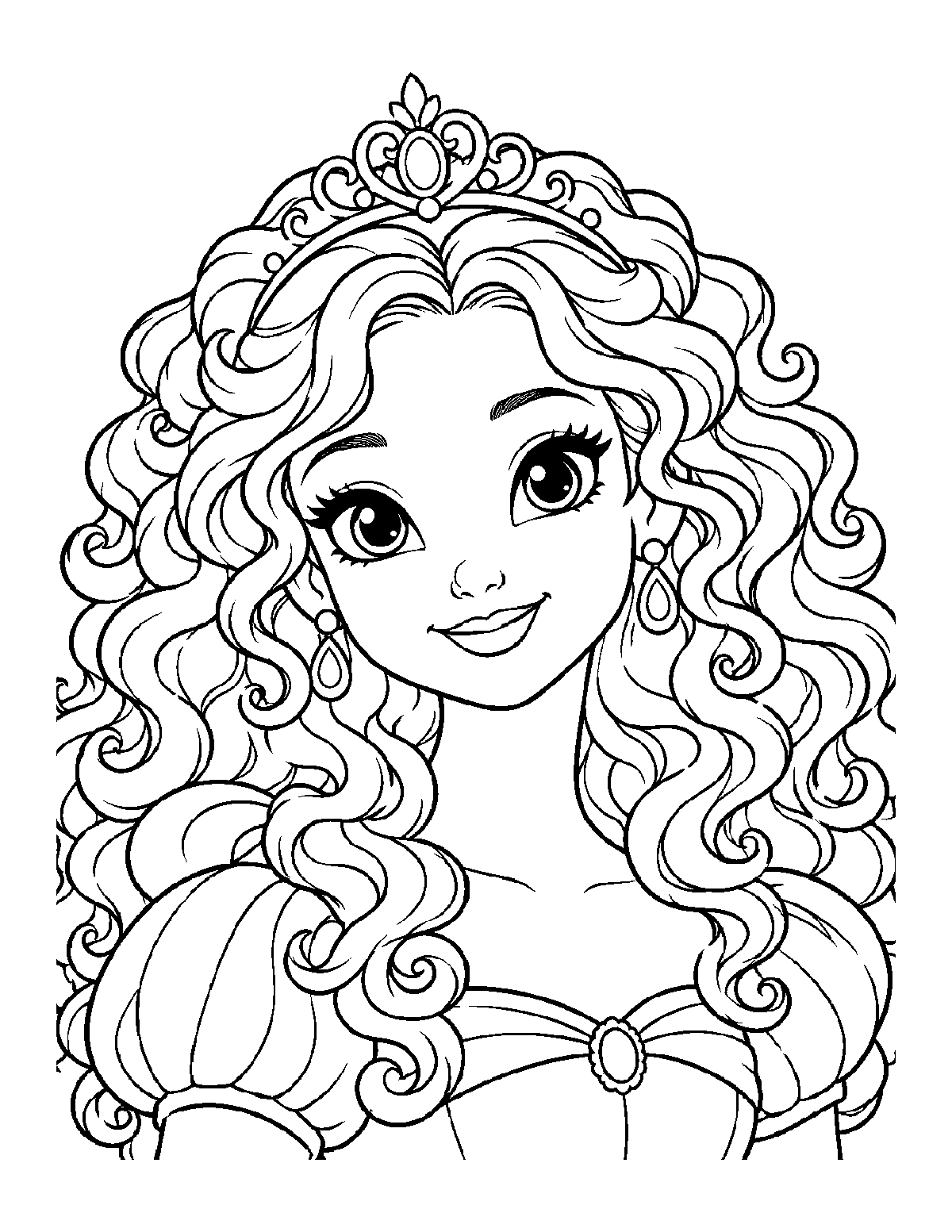 Coloring page portrait of a smiling princess with long curly hair, a jeweled tiara, and drop earrings