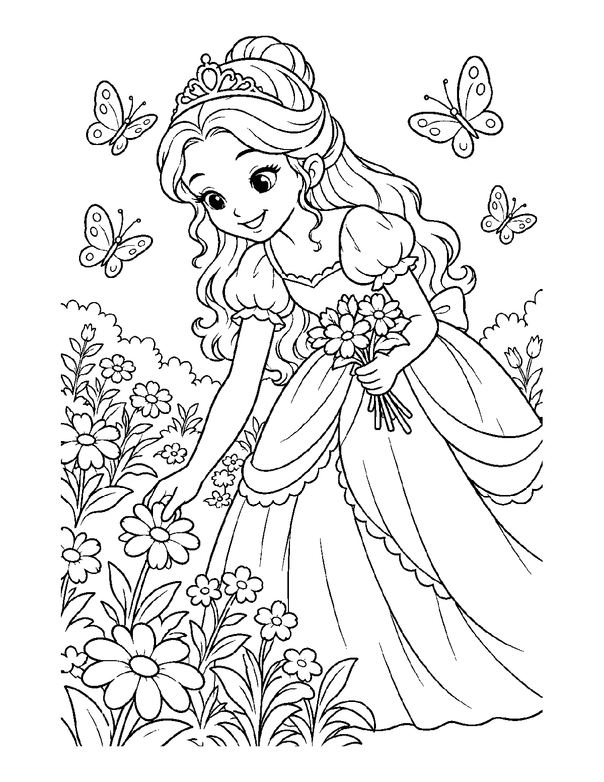 Coloring page of a princess holding flowers in a garden with four butterflies