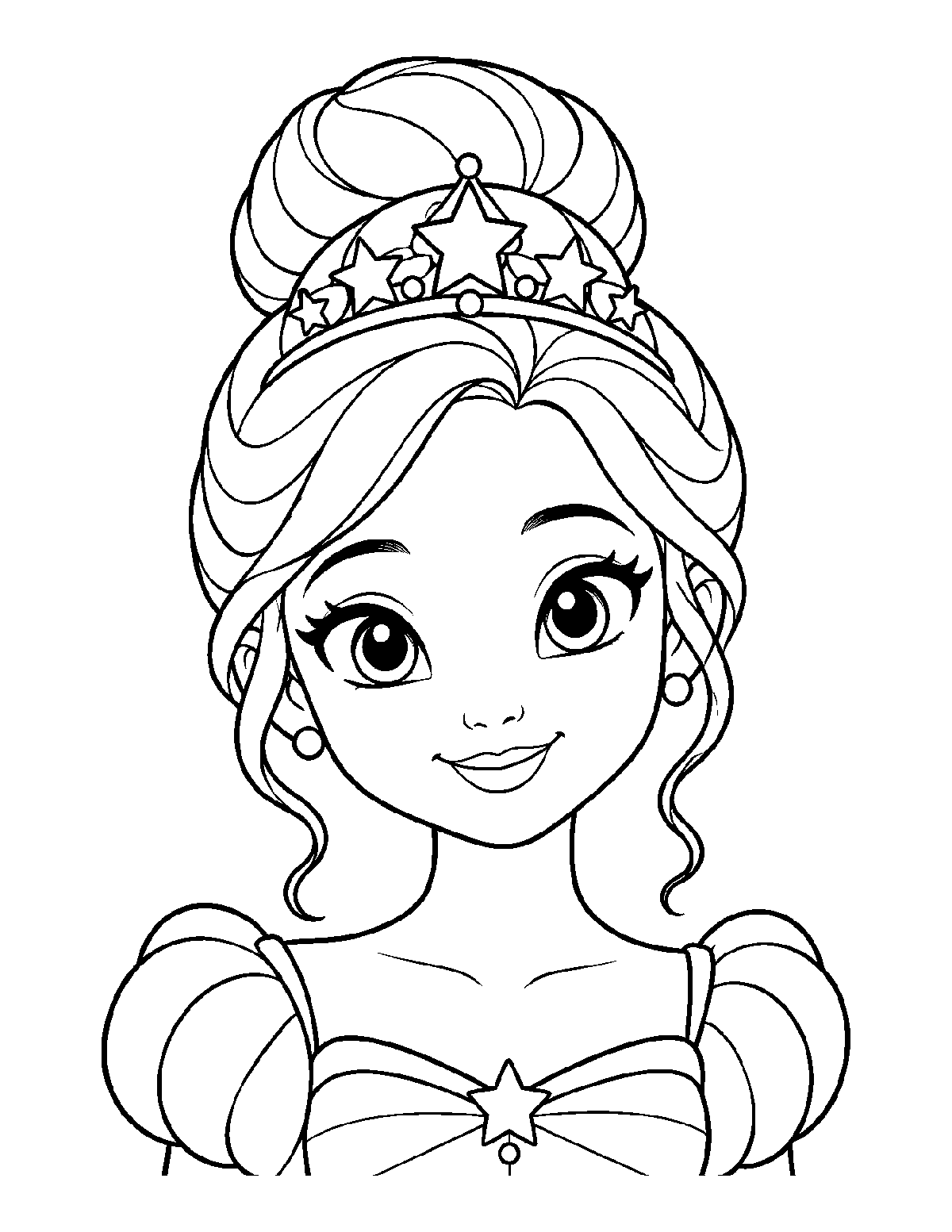 Coloring page portrait of a smiling princess with a high bun and a star tiara