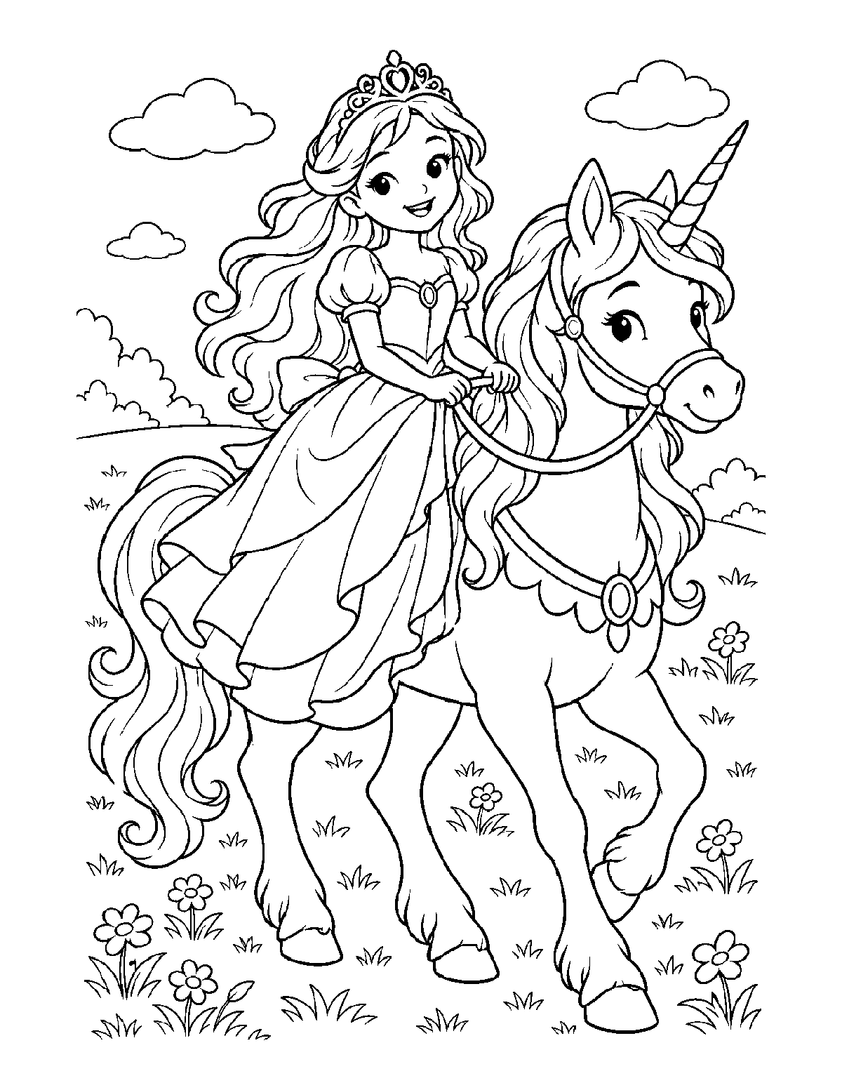 Coloring page of a princess riding a smiling unicorn through a flower-dotted meadow