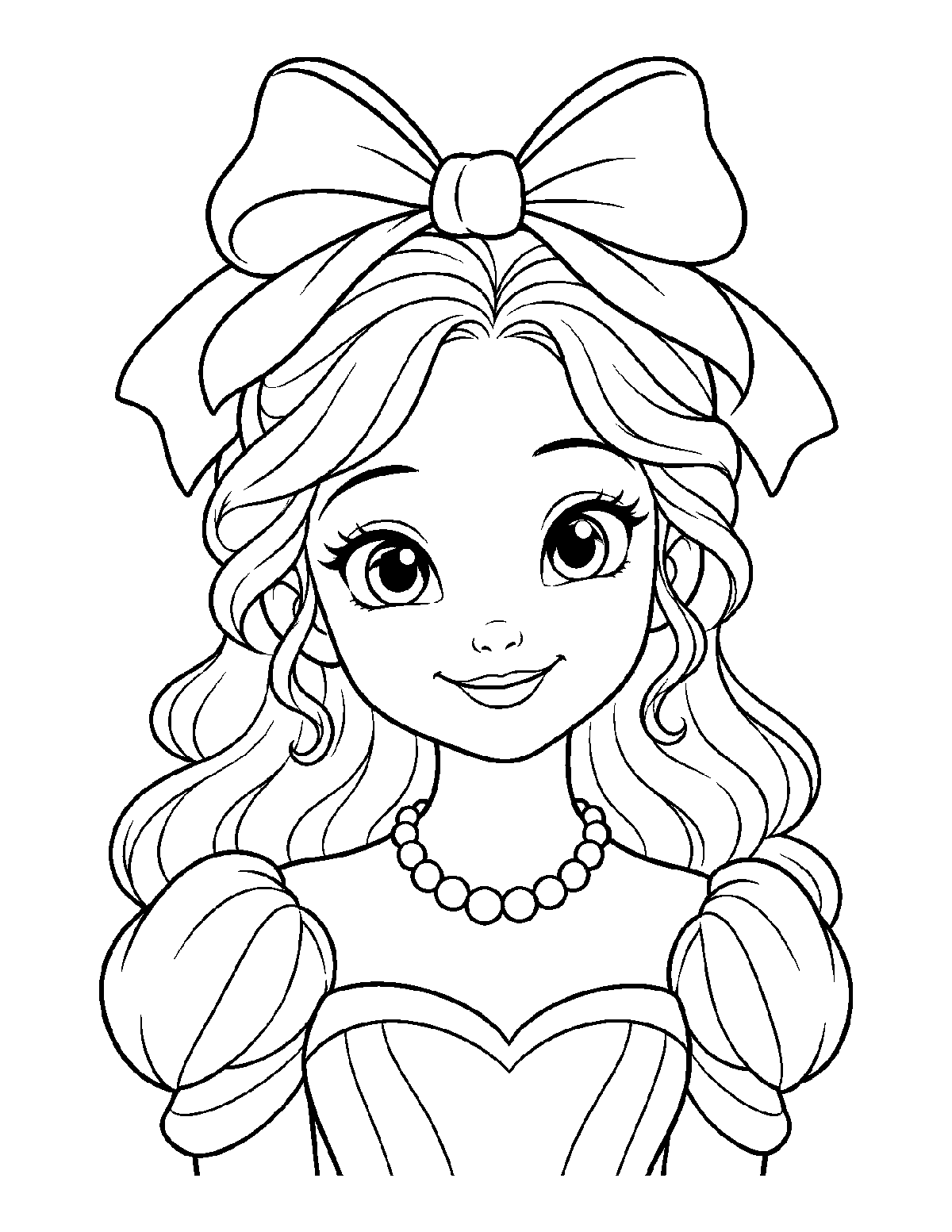Coloring page portrait of a smiling princess with a large hair bow and pearl necklace