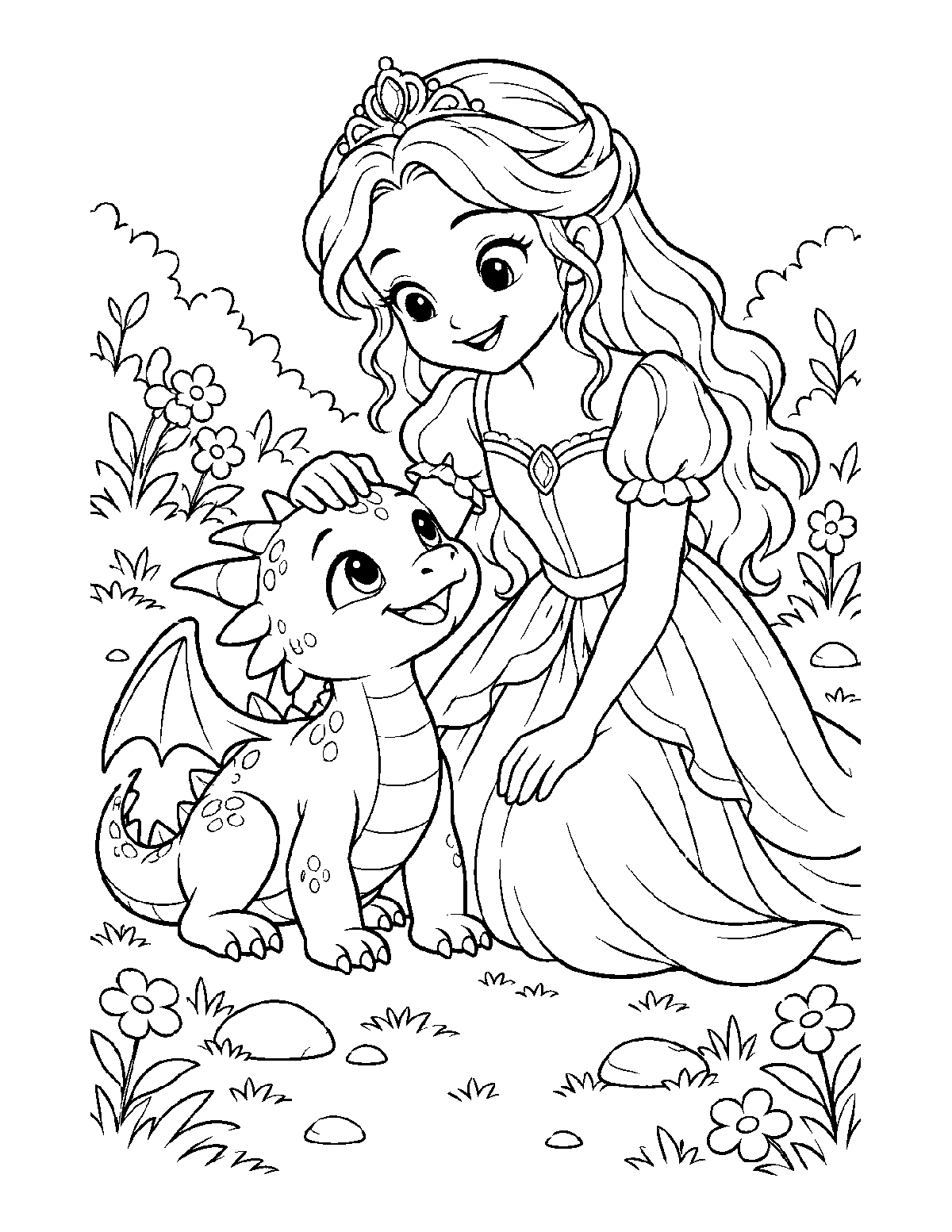 Coloring page of a kneeling princess petting a smiling baby dragon in a garden
