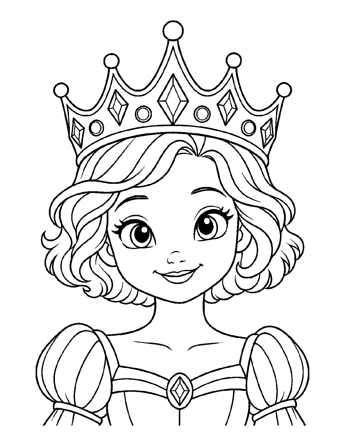 Coloring page portrait of a smiling princess with short wavy hair and a large jeweled crown