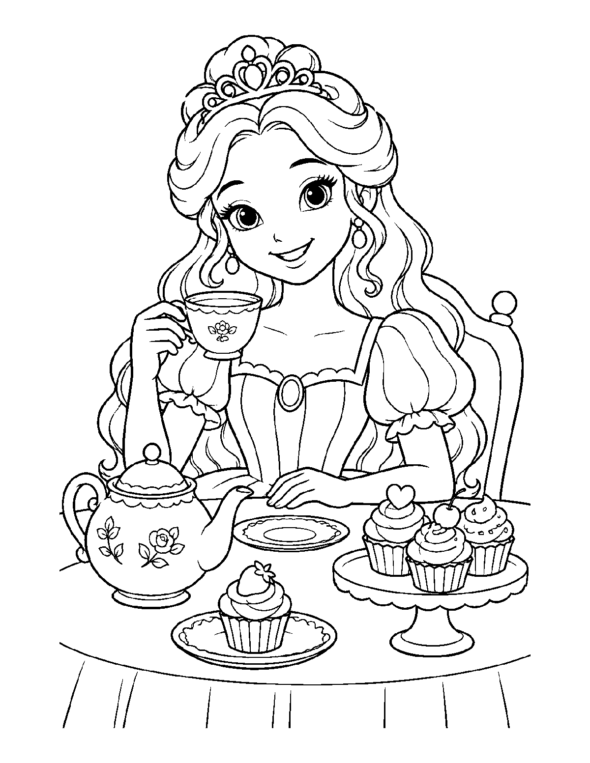 Coloring page of a smiling princess holding a teacup at a table with a teapot and four cupcakes
