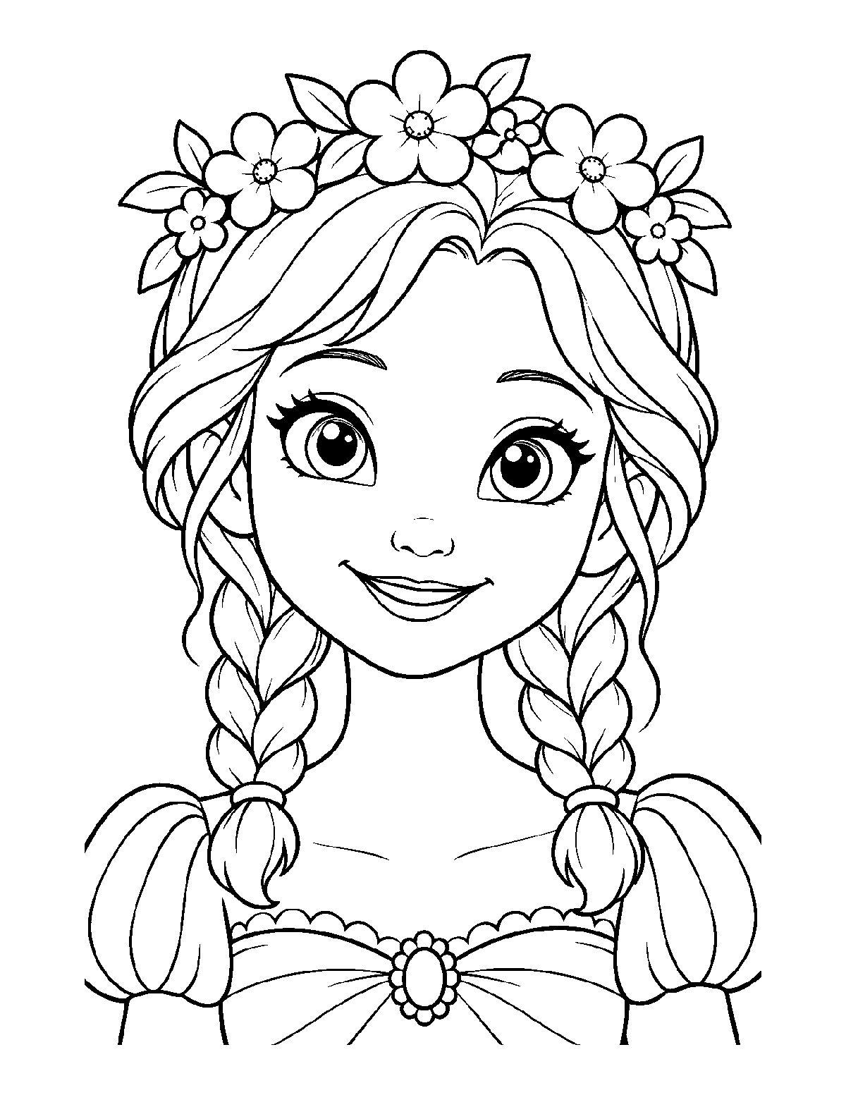 Coloring page portrait of a smiling princess with two braids and a leafy flower crown