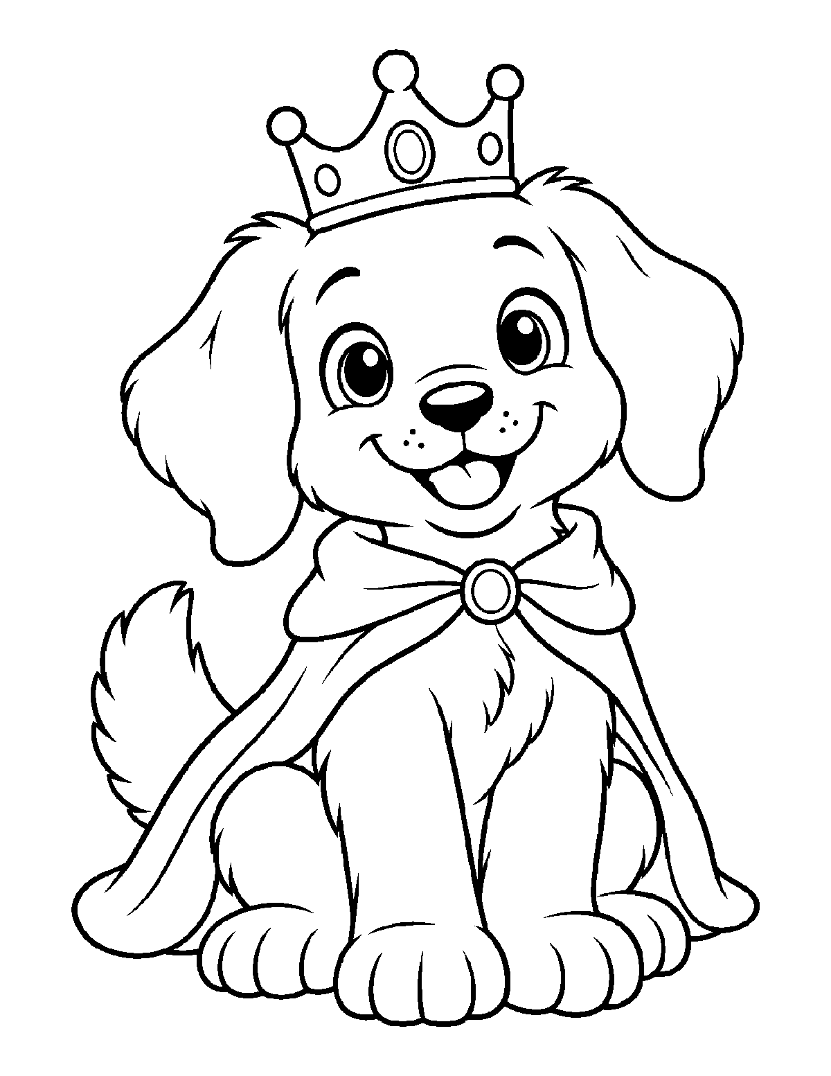 Coloring page of a smiling fluffy puppy wearing a jeweled crown and a long cape with a round clasp