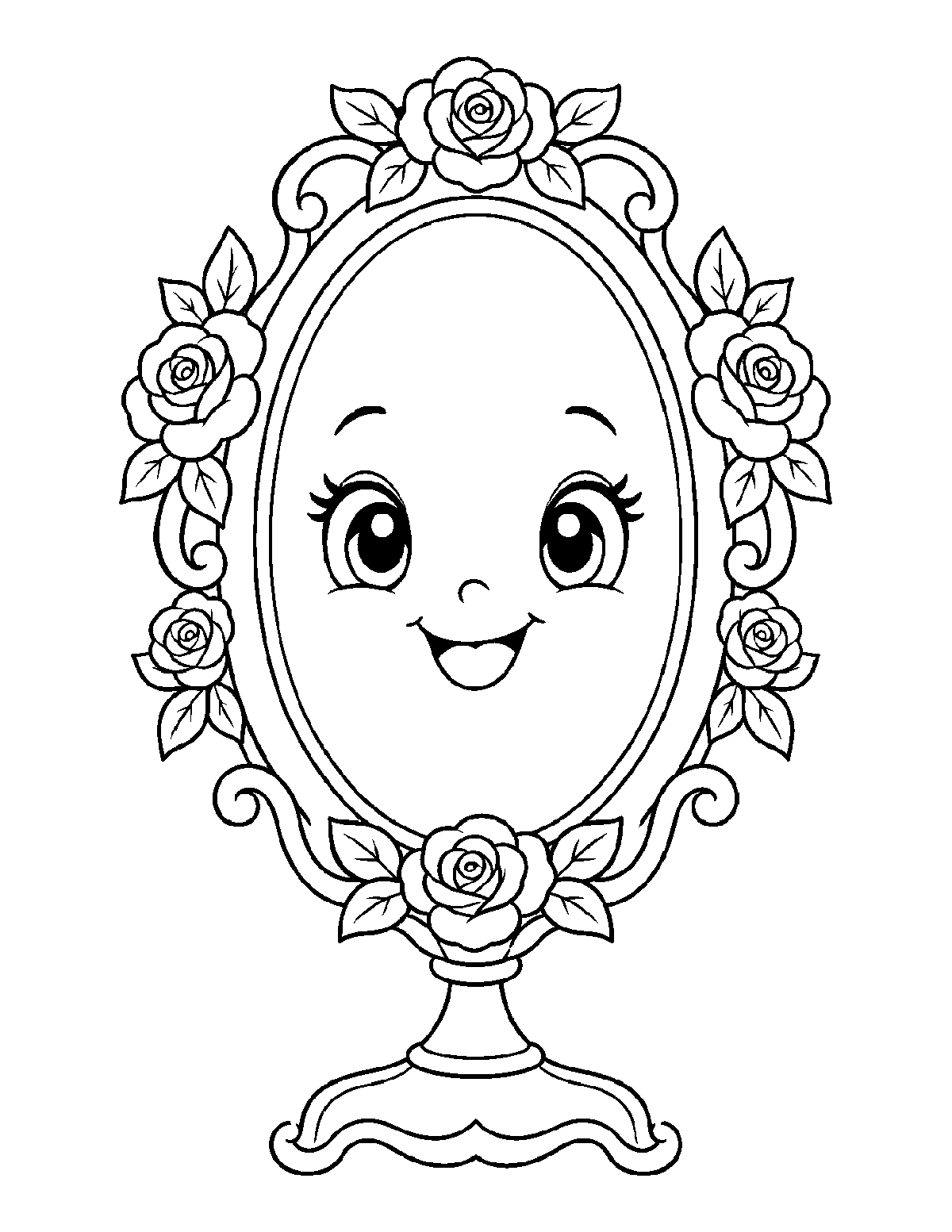 Coloring page of a smiling oval mirror framed with five roses, leaves, scrolls, and a pedestal base
