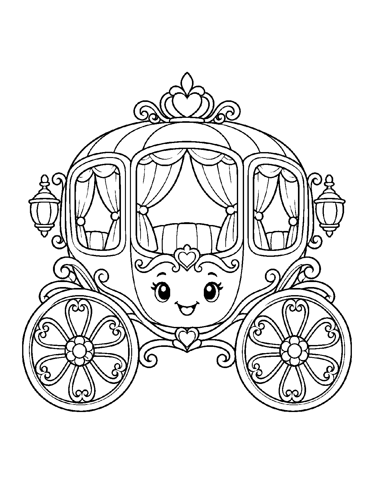 Coloring page of an empty smiling royal carriage with tied curtains, two lanterns, and large ornate wheels