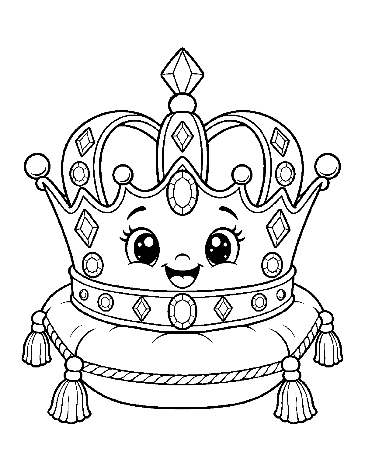 Coloring page of a smiling jeweled royal crown resting on a tasseled pillow