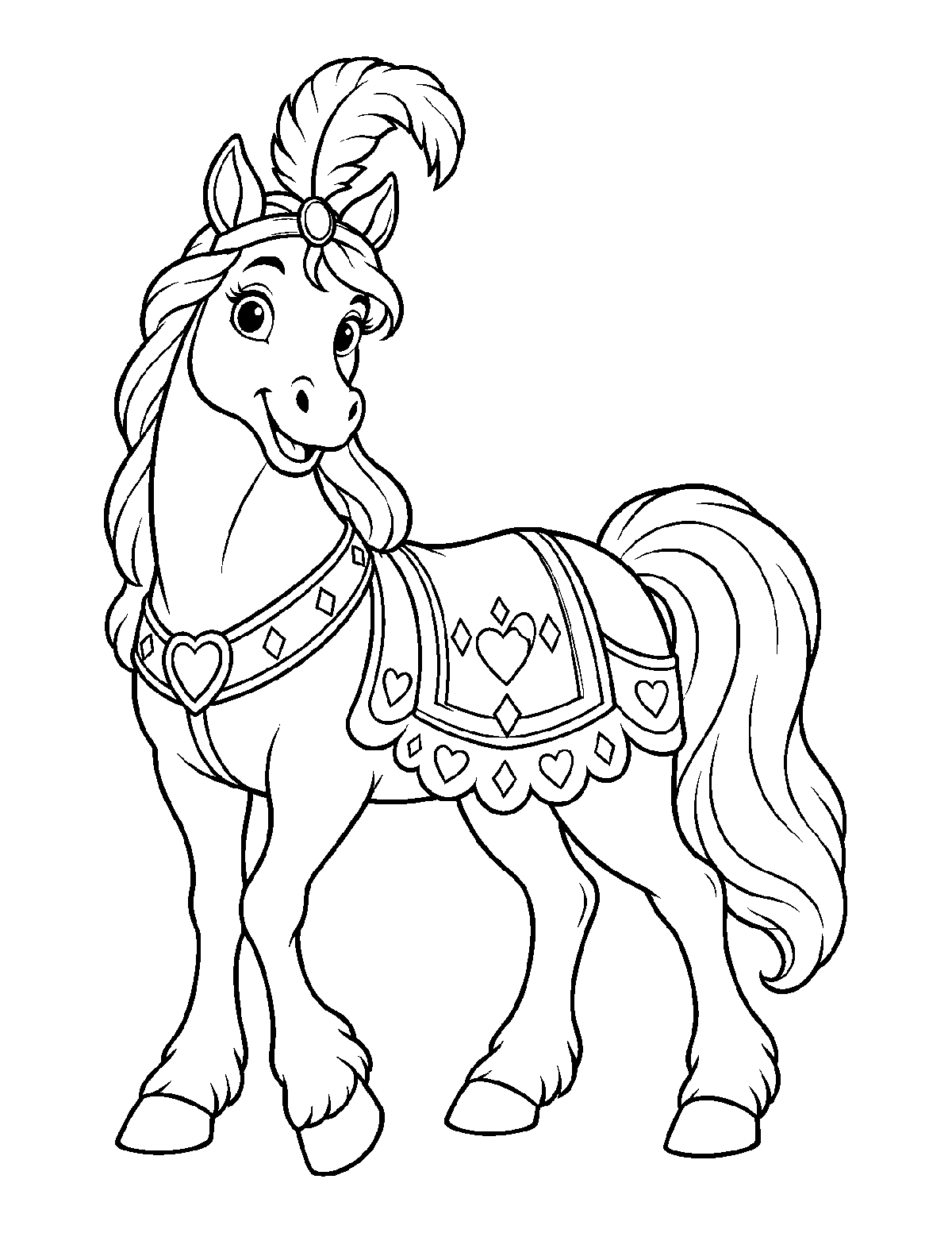 Coloring page of a smiling horse wearing a feather plume, jeweled bridle, and heart-decorated royal saddle blanket