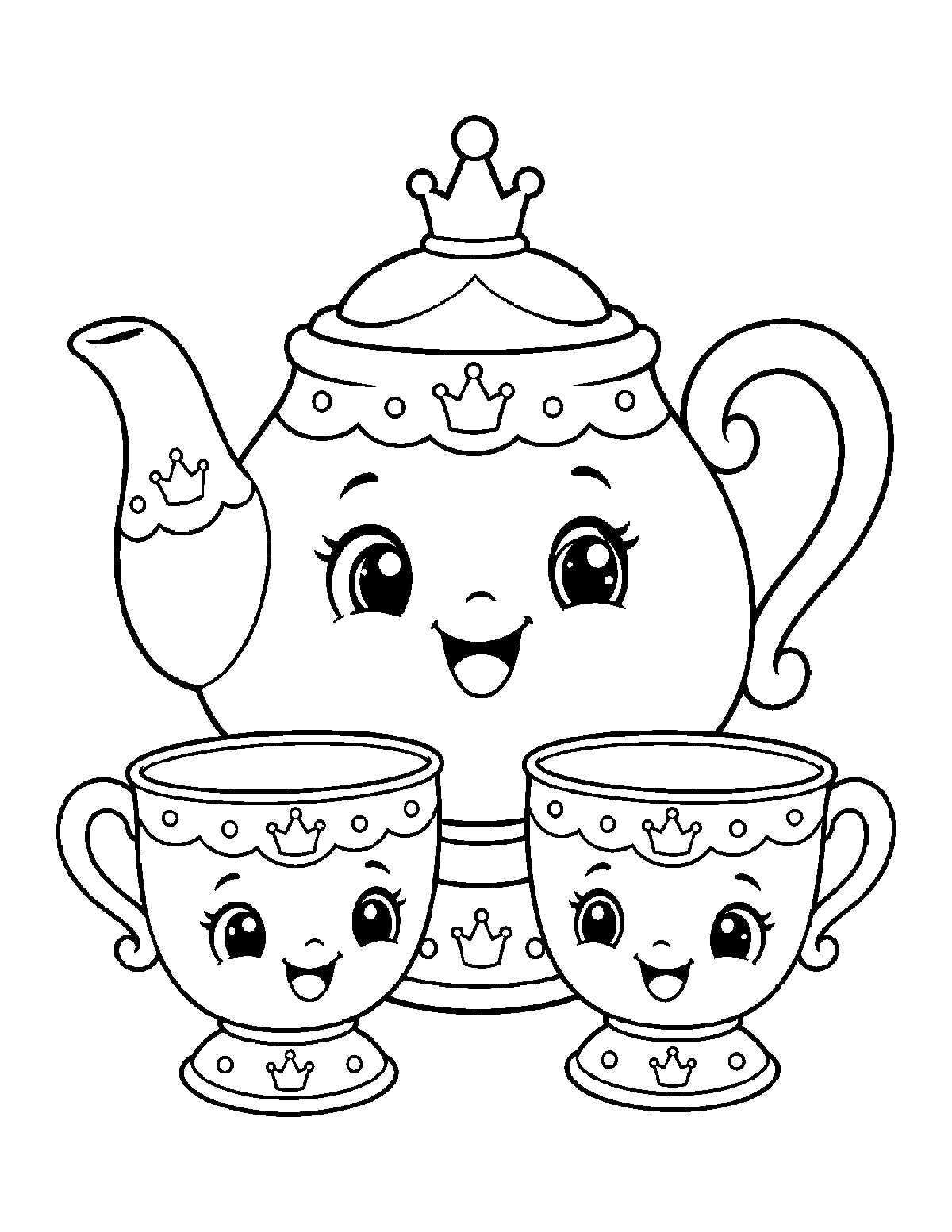 Coloring page of a smiling crowned teapot with two matching crowned teacups