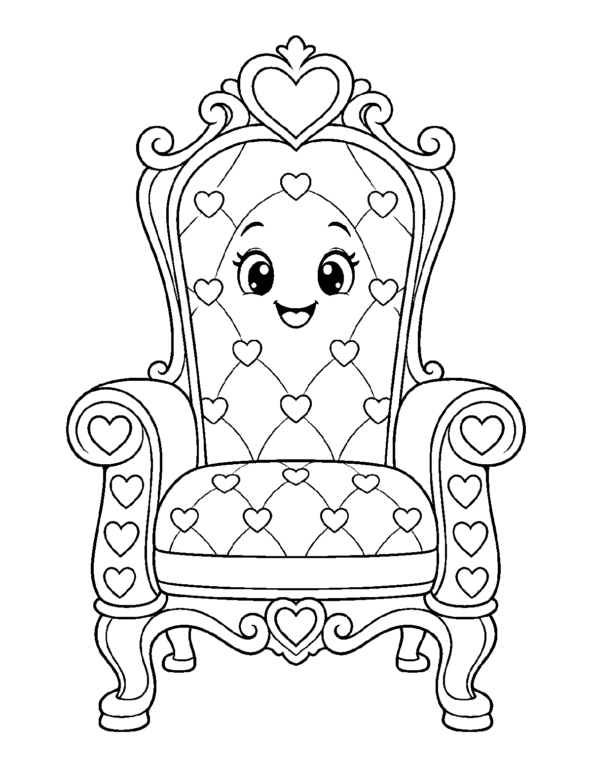 Coloring page of an ornate smiling royal throne with heart patterns, tufted cushions, curled arms, and curved legs