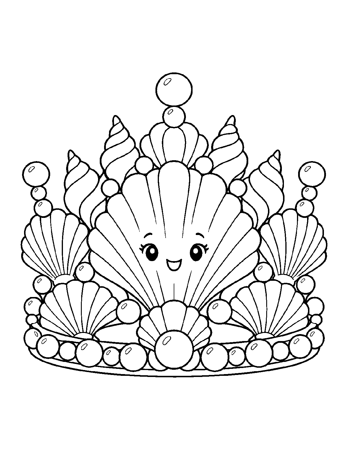 Coloring page of an ornate crown made from smiling fan shells, spiral shells, and round pearls