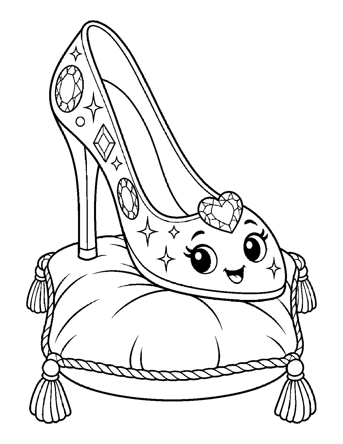 Coloring page of a smiling high-heel slipper with heart and oval gems resting on a tasseled cushion