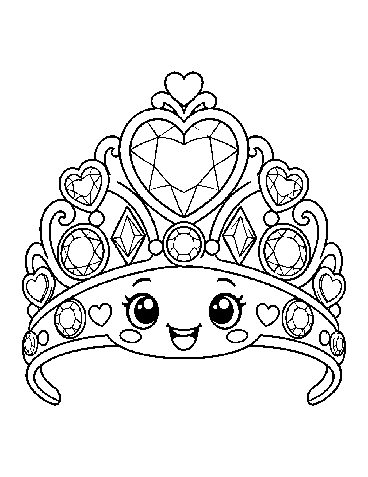 Coloring page of a smiling ornate tiara covered with heart-shaped, round, and diamond-shaped gems