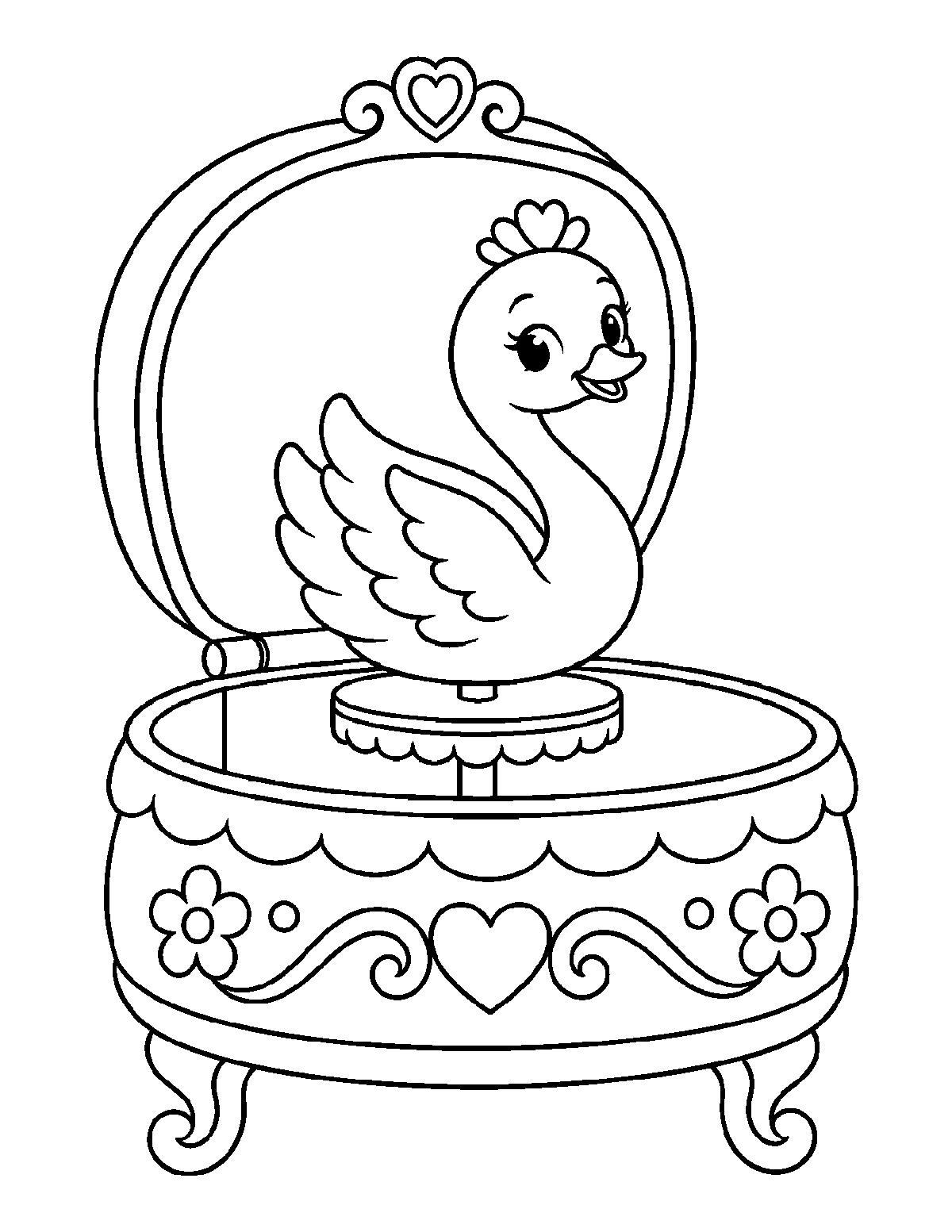 Coloring page of an open heart-decorated music box with a smiling crowned swan on a platform
