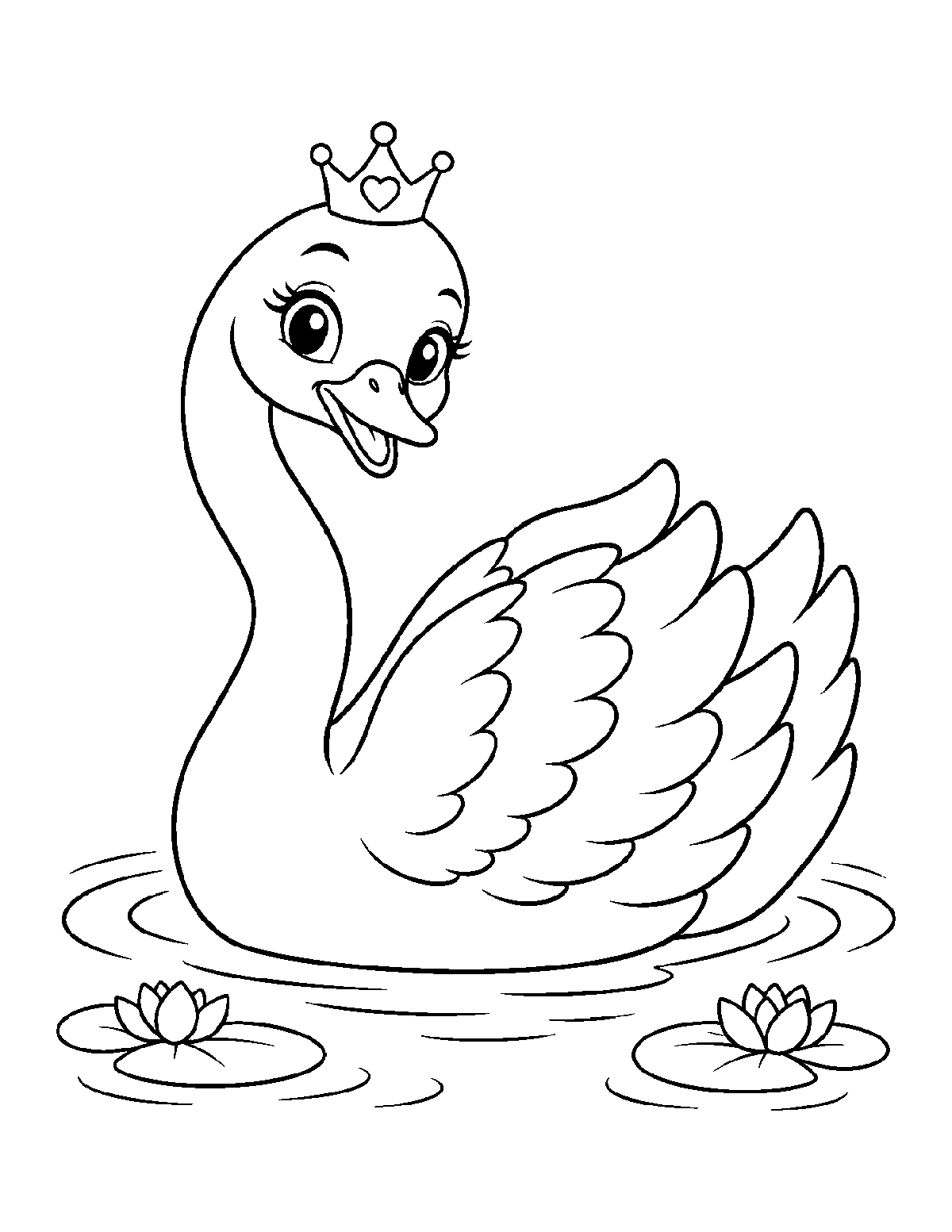 Coloring page of a smiling crowned swan with layered feathers swimming among pond ripples and two flowering lily pads