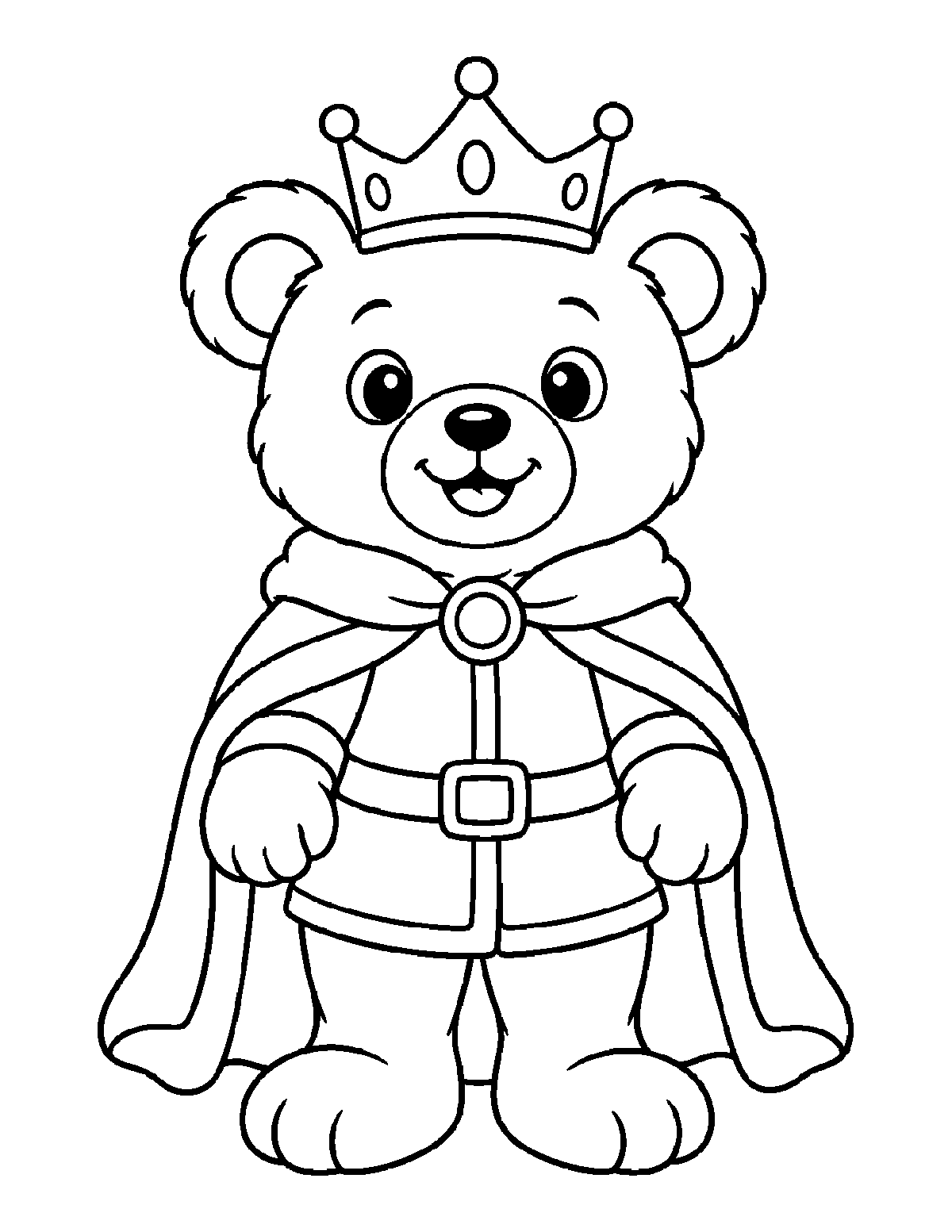Coloring page of a smiling teddy bear wearing a jeweled crown, cape, belt, and boots