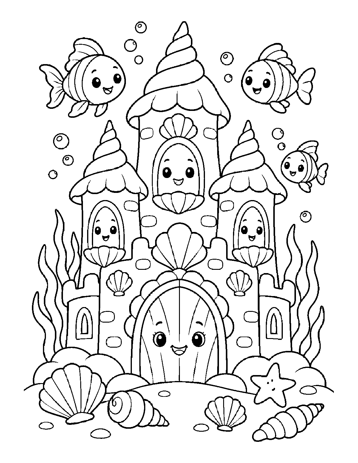 Coloring page of a smiling underwater castle with shell roofs, fish, bubbles, sea plants, and a starfish