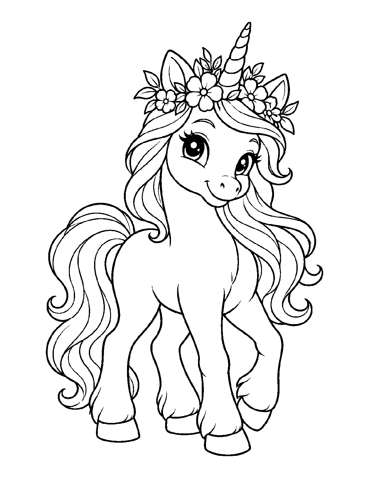 Coloring page of a smiling unicorn with a spiraled horn, flowing mane, curled tail, and flower crown