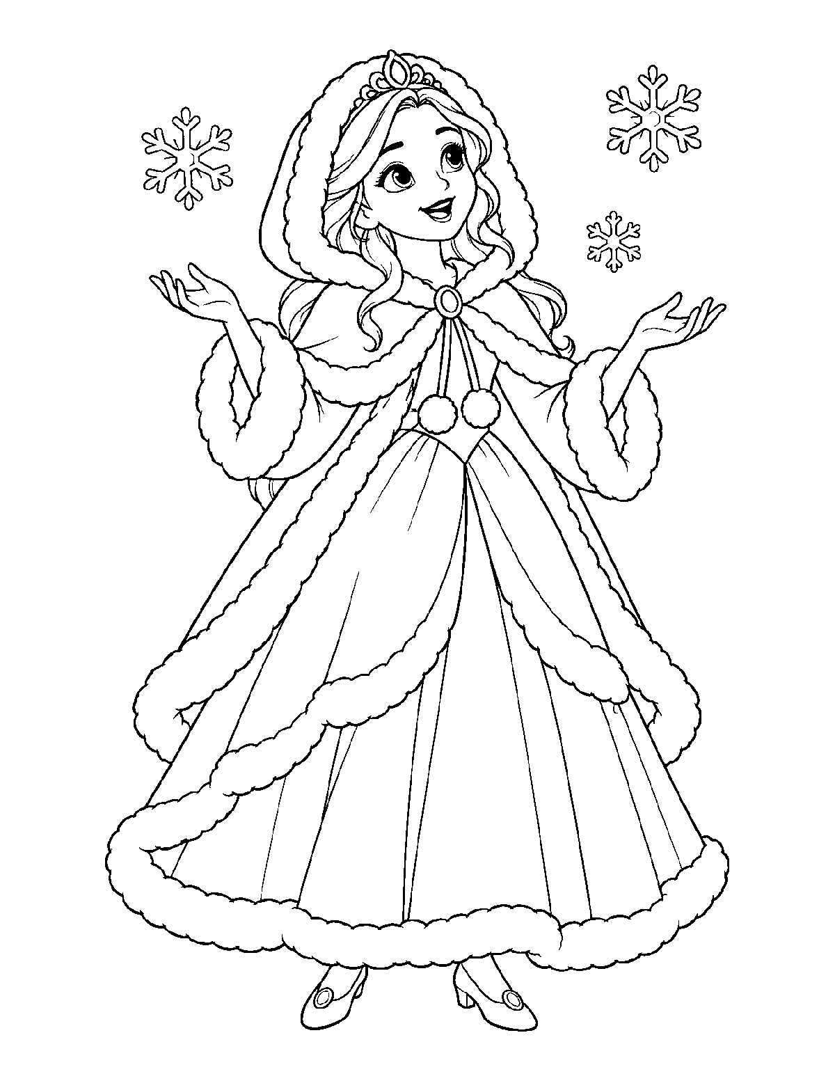 Coloring page of a smiling princess in a fluffy hooded cape holding out her hands beneath three snowflakes